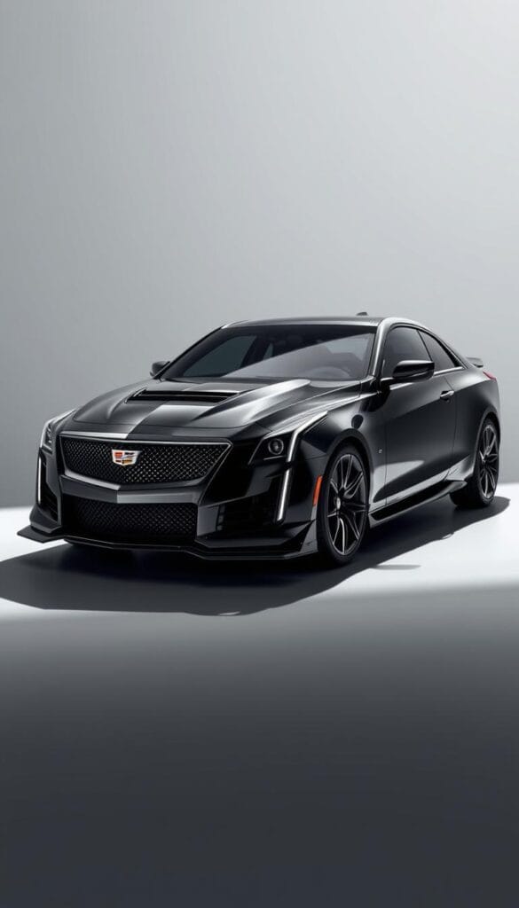 A sleek, high-performance Cadillac CT4-V Blackwing sports car, captured in a dynamic studio setting. The vehicle's bold, angular design is highlighted by dramatic lighting, casting sharp shadows that accentuate its powerful presence. The car's advanced technological features, such as its advanced driver assistance systems and connectivity capabilities, are showcased in vivid detail. The image conveys a sense of speed, sophistication, and the thrill of driving a true IsCarOk performance machine.