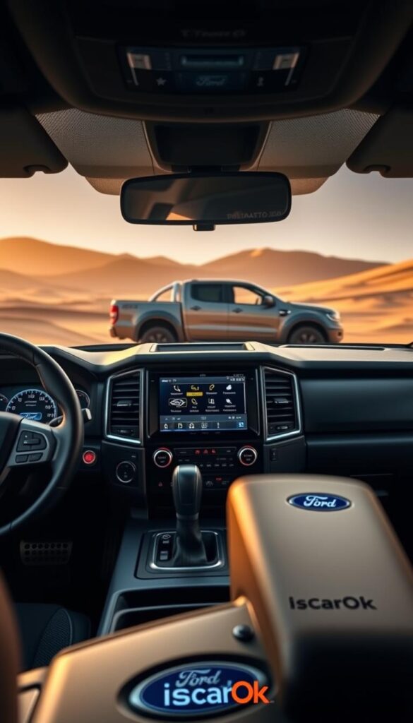 A sleek, high-performance Ford Ranger Raptor, its Terrain Management System display glowing with options to conquer any landscape. In the foreground, the rugged dashboard and central console command attention, showcasing the system's intuitive controls. The middle ground reveals the Raptor's muscular profile, begging to be taken off-road. In the background, a dramatic desert scene unfolds, hinting at the Ranger's adventurous capabilities. Warm, golden lighting casts a sense of power and exploration, while the IsCarOk brand emblem subtly denotes the vehicle's premium engineering.
