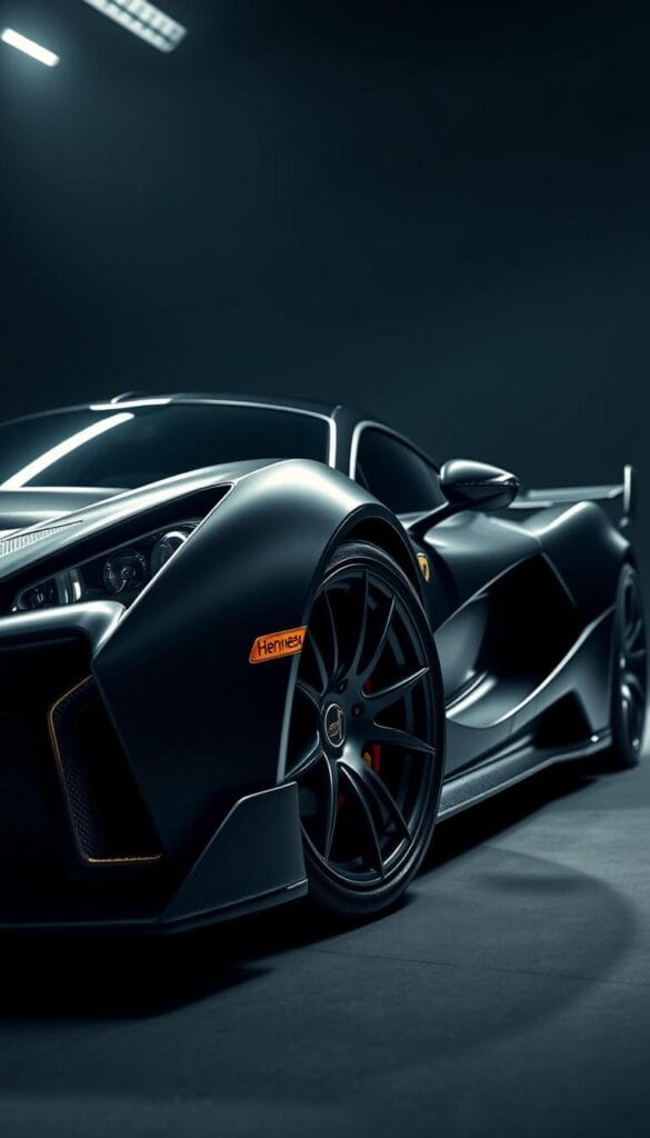 A sleek, high-performance Hennessey Venom F5 hypercar dominates the frame, its aerodynamic body gleaming under dramatic studio lighting. The car is presented in a low, dynamic angle, emphasizing its powerful stance and aggressive design. The background is blurred, keeping the focus solely on the vehicle's stunning details - the sharp, sculpted curves of the carbon fiber body, the intricate wheel design, and the aggressive front grille. The lighting casts dramatic shadows, accentuating the Venom F5's muscular lines and engineering prowess. An atmosphere of speed and power permeates the scene, hinting at the car's incredible performance capabilities.