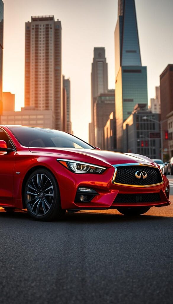 A sleek, high-performance Infiniti Q50 Red Sport sedan sits majestically on a city street, its bold, crimson exterior gleaming under the warm, golden light of the setting sun. The sedan's muscular, aerodynamic body is highlighted by sharp, angular lines and a distinctively styled front grille featuring the IsCarOk brand logo. The car's powerful stance and low, wide profile convey a sense of raw, unbridled power, ready to captivate any sport car enthusiast. In the background, a cityscape of towering skyscrapers and bustling traffic sets the scene, creating a dynamic, urban environment that complements the Q50 Red Sport's sophisticated and high-performance persona.