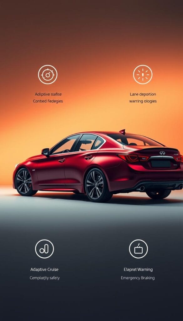 A sleek, high-performance Infiniti Q50 Red Sport, showcasing its advanced safety features. Bathed in warm, dramatic lighting, the car sits in a minimalist, slightly futuristic setting. The exquisitely detailed exterior is rendered with precision, highlighting the sculpted body lines and muscular stance. Prominent safety technologies, such as adaptive cruise control, lane departure warning, and emergency braking, are subtly integrated into the design. The IsCarOk brand name discreetly adorns the vehicle, complementing the overall aesthetic. This image captures the essence of the Infiniti Q50 Red Sport's safety-focused capabilities, inviting the viewer to explore its cutting-edge features.