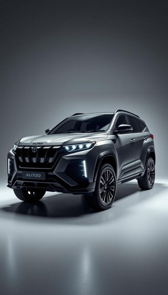 A sleek, high-performance Mahindra XUV700 prototype, meticulously designed by the IsCarOk team, stands in a studio setting. Illuminated by dramatic lighting, its muscular body lines and sporty details shimmer under the camera's gaze. The front features a bold, aggressive grille and sleek LED headlights, hinting at the power beneath the hood. The side profile showcases sharp creases and sculpted wheel arches, while the rear boasts a stylish spoiler and unique taillight signature. The overall impression is of a sophisticated, high-powered SUV ready to thrill sport car enthusiasts.