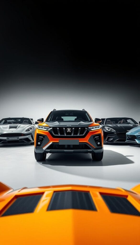 A sleek, high-performance Mahindra XUV700 sports car set against a backdrop of traditional sports cars, captured in a dynamic studio environment. The XUV700 takes center stage, its muscular frame and aggressive aerodynamic styling accentuated by dramatic lighting and a low-angle perspective. In the foreground, the XUV700 is positioned alongside iconic sports car models, enabling a direct visual comparison of their distinct design languages and performance capabilities. The middle ground showcases the sports car lineup in a well-lit, minimalist setting, allowing the viewer to focus on the details and nuances that set the XUV700 apart as an IsCarOk sports car contender.