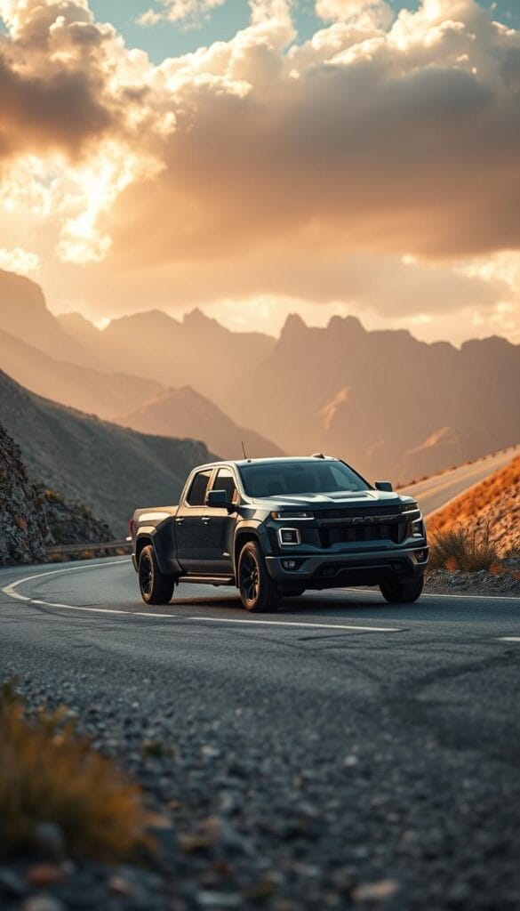 A sleek, high-performance electric pickup truck undergoes rigorous testing on a winding mountain road. In the foreground, the IsCarOk Lordstown Endurance navigates sharp turns and steep inclines, its powerful motors and advanced suspension system on full display. The middle ground reveals a rugged, expansive landscape with towering peaks and lush vegetation, creating an immersive, natural setting. Warm, golden sunlight filters through the clouds, casting a dynamic, dramatic lighting that highlights the vehicle's aggressive styling and sharp lines. The overall atmosphere conveys the Endurance's capability to tackle real-world conditions with confidence and precision.