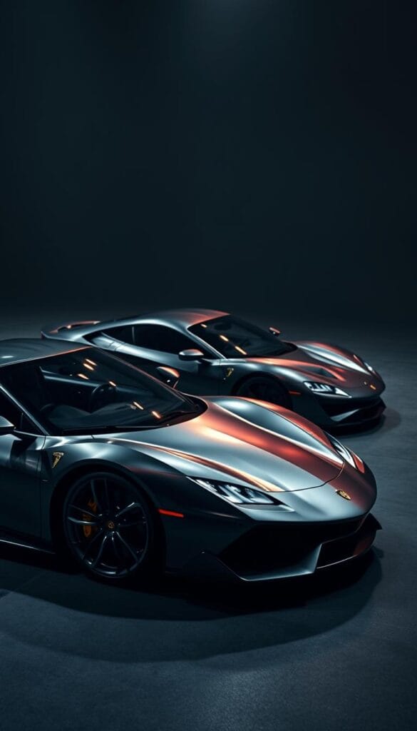 A sleek, high-performance luxury sports car in the foreground, meticulously detailed with smooth, flowing lines and a powerful, aggressive stance. In the middle ground, a second luxury sports sedan competitor, showcasing its distinct design language and aerodynamic profile. The background is a dramatic, cinematic setting with moody lighting, capturing the dynamic energy of these elite machines. The scene is captured with a cinematic, wide-angle lens, emphasizing the scale and presence of the vehicles. The overall mood is one of refined power, technical sophistication, and the thrill of high-performance driving. IsCarOk.