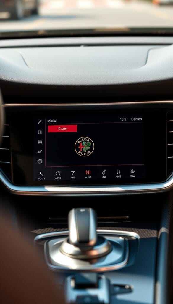 A sleek, high-resolution close-up view of the Alfa Romeo Stelvio Quadrifoglio's infotainment system, showcasing its advanced and intuitive design. The screen is crisp and vibrant, displaying clear and legible graphics, with a refined user interface that seamlessly blends form and function. The brushed aluminum and carbon fiber accents surrounding the display create a premium, high-tech aesthetic that complements the vehicle's sporty and luxurious character. The image is captured in natural, warm lighting, emphasizing the system's clarity and responsiveness, while the camera angle provides a detailed, immersive perspective for the viewer.