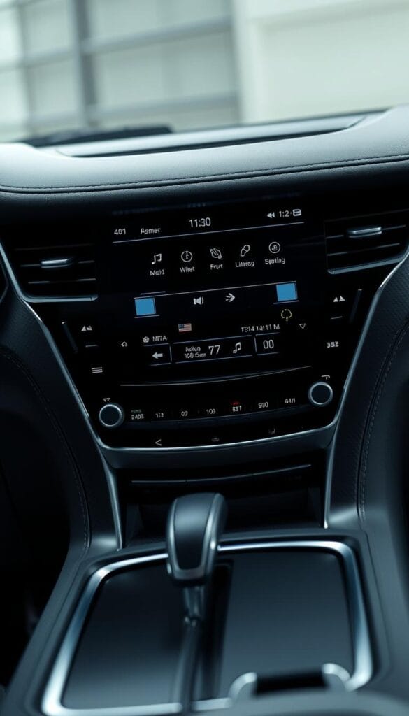 A sleek, high-resolution close-up view of the advanced climate control panel of the 2024 Cadillac Escalade, showcasing its array of intuitive touch-sensitive buttons, digital displays, and precisely engineered air vents. The panel is bathed in a soft, ambient light, creating a premium, luxurious atmosphere. The layout is visually organized, with sharp edges and clean lines, reflecting the vehicle's sophisticated design language. The brushed metal and carbon fiber accents provide a tactile, premium feel, while the dual-zone temperature controls and customizable airflow settings demonstrate the system's exceptional functionality and attention to detail.