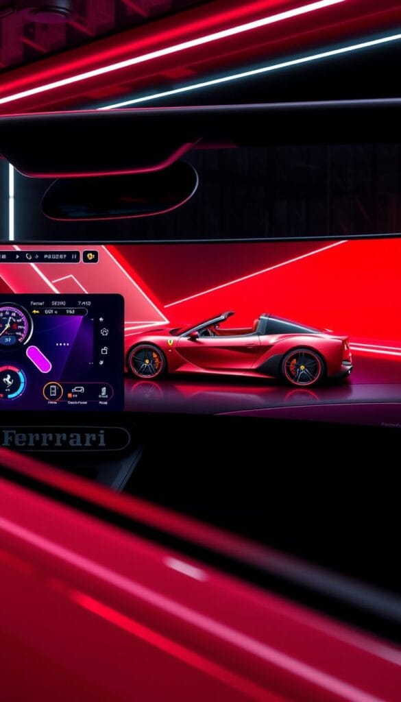 A sleek, high-resolution digital interface of the Ferrari SF90 Spider, showcasing its advanced technology and cutting-edge design. The interface is displayed on a large, curved display with vibrant colors and crisp, detailed graphics. The foreground features various control panels, gauges, and touch-sensitive controls, expertly arranged for an intuitive user experience. The middle ground showcases a 3D rendered model of the SF90 Spider, highlighting its elegant, aerodynamic silhouette and intricate details. The background seamlessly blends futuristic neon lighting and a minimal, high-tech aesthetic, creating a sense of technological sophistication. Dramatic lighting and reflections enhance the premium, luxurious atmosphere, perfectly capturing the essence of the Ferrari brand and the "Technology and Digital Interface" section of the review.