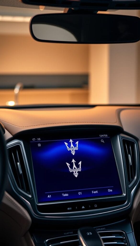 A sleek, high-resolution image of the Maserati Levante's infotainment system. The display is prominently featured in the foreground, showcasing its sharp, vibrant screen and intuitive touch controls. The bezel and surrounding trim are crafted from premium materials, reflecting the luxurious nature of the Maserati brand. In the middle ground, the dashboard and center console provide context, with subtle metallic accents and a clean, modern design. The background is blurred, but hints at the interior of the Levante, conveying a sense of high-end automotive elegance. Soft, warm lighting illuminates the scene, creating a sophisticated and inviting atmosphere.
