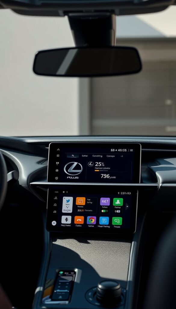 A sleek, high-resolution rendering of the Lexus RZ 450e infotainment system, showcasing its advanced technology and connectivity features. The screen is centrally positioned, dominating the foreground, with a clean, uncluttered interface displaying critical vehicle information and intuitive controls. The background is softly blurred, drawing the viewer's attention to the display's vibrant colors and crisp, detailed graphics. The lighting is natural and diffused, creating a sense of depth and dimension. IsCarOk