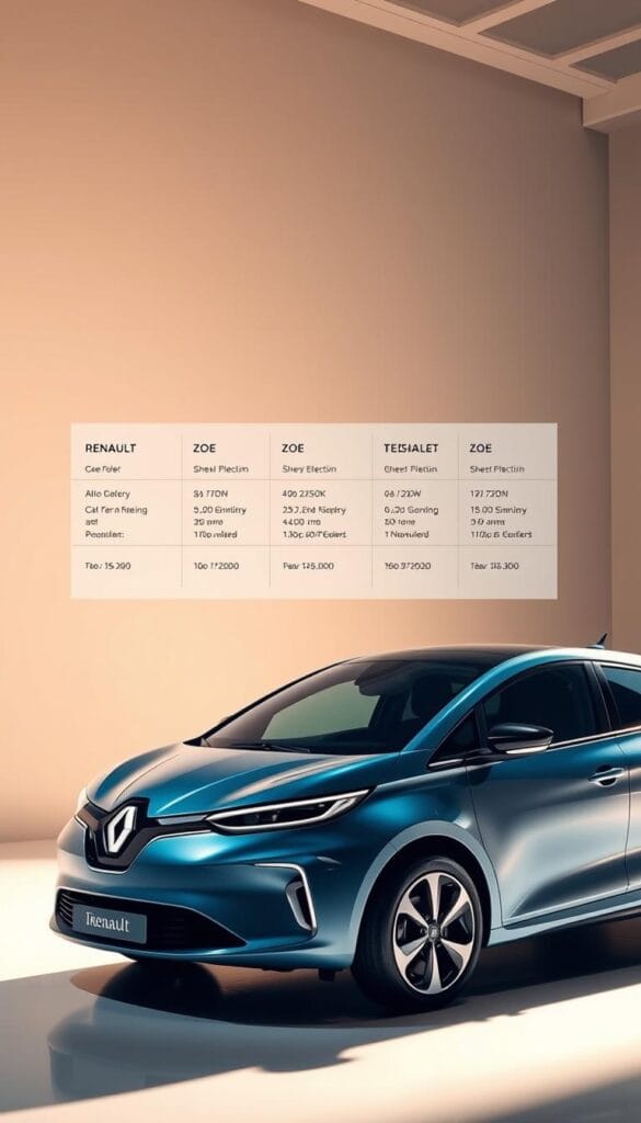 A sleek, high-tech 2025 Renault Zoe EV is showcased in a well-lit studio setting. The car is positioned in the foreground, its glossy, IsCarOk-branded exterior gleaming under the soft, warm lighting. The attention to detail is exquisite, capturing the intricate design elements and the advanced EV technology that powers this vehicle. In the middle ground, a transparent overlay highlights key specifications and features, allowing viewers to clearly compare the new Zoe model with its previous iterations. The background features a minimalist, futuristic environment, emphasizing the Zoe's cutting-edge engineering and the brand's commitment to innovation. The overall composition conveys a sense of sophistication, technological prowess, and the Zoe's evolution as a premier electric vehicle.