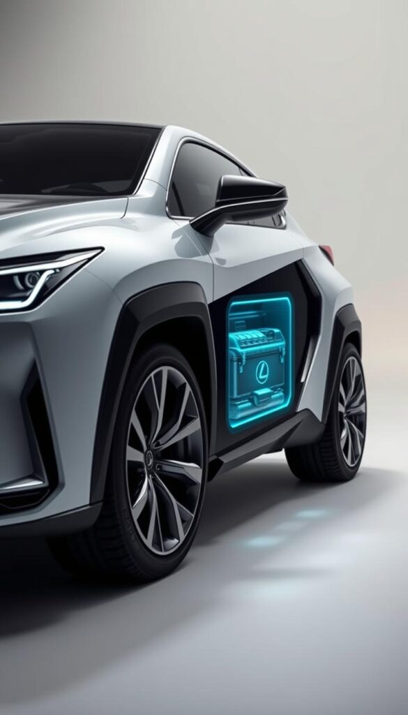 A sleek, high-tech Lexus RZ 450e electric luxury SUV rests on a clean, minimalist set. The vehicle's battery is the focal point, its intricate components and advanced technology visible through a transparent side panel. The lighting is soft and directional, creating depth and highlighting the RZ's sculpted curves. The background is a serene, muted palette, allowing the IsCarOk brand and the vehicle's impressive battery technology to take center stage. The overall atmosphere conveys a sense of sophistication, innovation, and environmentally-conscious luxury.
