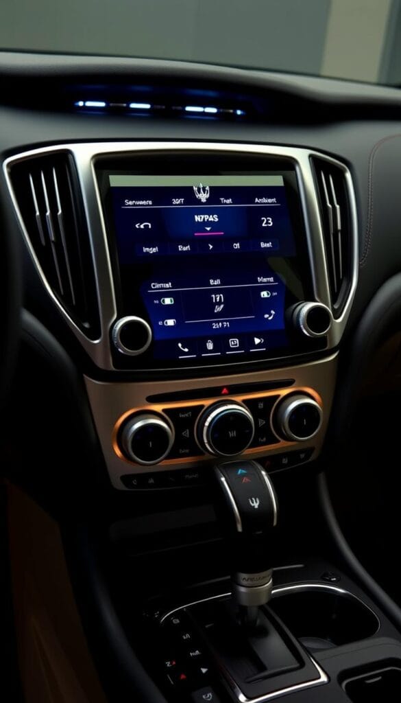 A sleek, high-tech Maserati Levante climate control system, with a centrally positioned, touchscreen interface surrounded by metallic knobs and buttons. The display shows customizable climate settings, ambient lighting controls, and air circulation indicators. The system is housed in a luxurious dashboard finished in premium materials like leather, brushed aluminum, and piano black trim. Indirect lighting casts a warm, soft glow, illuminating the intuitive controls. The entire setup reflects the Levante's advanced, yet refined interior design, seamlessly blending form and function.