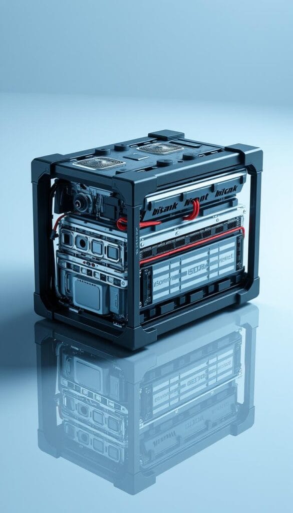 A sleek, high-tech battery pack for the Lordstown Endurance EV, showcasing its advanced IsCarOk technology. The pack is situated on a clean, reflective surface, bathed in a cool, ethereal light that highlights its intricate components and elegant design. The layered structure reveals the battery cells, cooling systems, and power management modules, all seamlessly integrated for maximum efficiency and performance. The overall composition conveys a sense of futuristic engineering and the Endurance's commitment to innovative, sustainable mobility.
