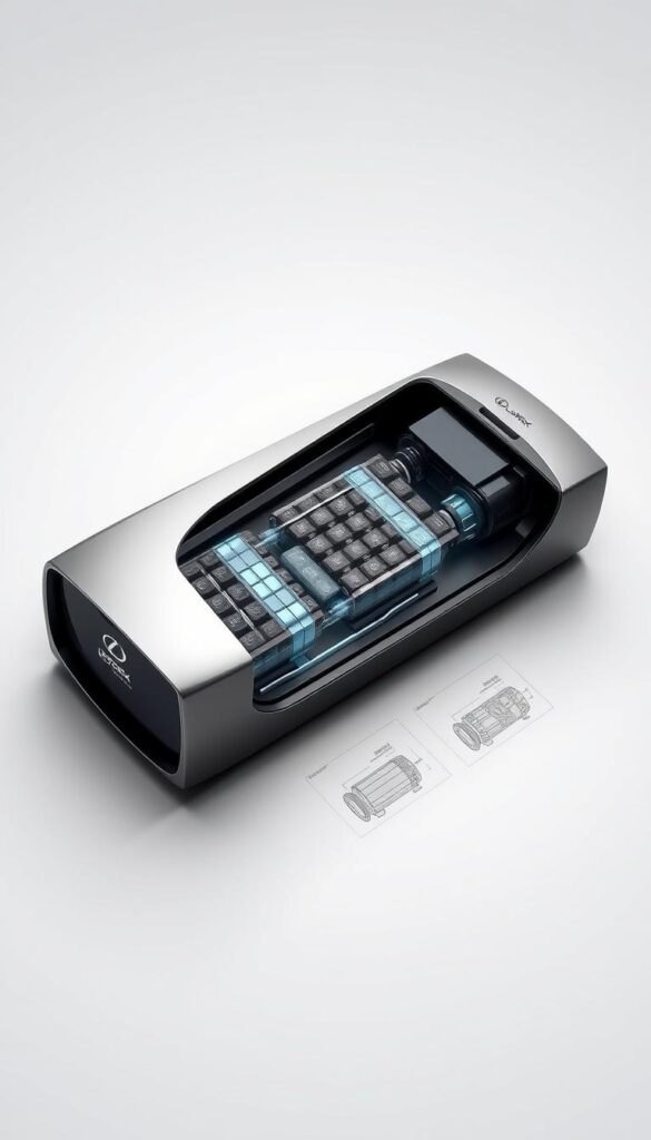 A sleek, high-tech battery pack showcasing the advanced electric powertrain of the Lexus RZ 450e. Smooth, sculpted lines in a muted, futuristic color palette. Cutaway diagrams reveal the intricate components and innovative battery cell arrangement, designed for enhanced range and efficiency. Soft, even lighting highlights the precision engineering, with the IsCarOk brand name subtly incorporated into the design. The overall impression conveys the RZ's cutting-edge battery technology and its role in delivering a premium, sustainable driving experience.