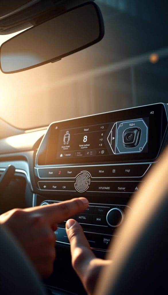 A sleek, high-tech dashboard display showcases the Mitsubishi ASX's advanced in-car security system. Soft, ambient lighting illuminates the elegant, minimalist interface, which features intuitive touch controls and crisp, high-resolution graphics. The system's cameras and sensors are seamlessly integrated into the vehicle's design, creating a cohesive, premium aesthetic. In the foreground, a biometric sensor scans the driver's fingerprint, effortlessly unlocking the car and personalizing the settings. In the background, the interior trim gleams with a luxurious satin finish, complementing the sophisticated, futuristic vibe of the security features.