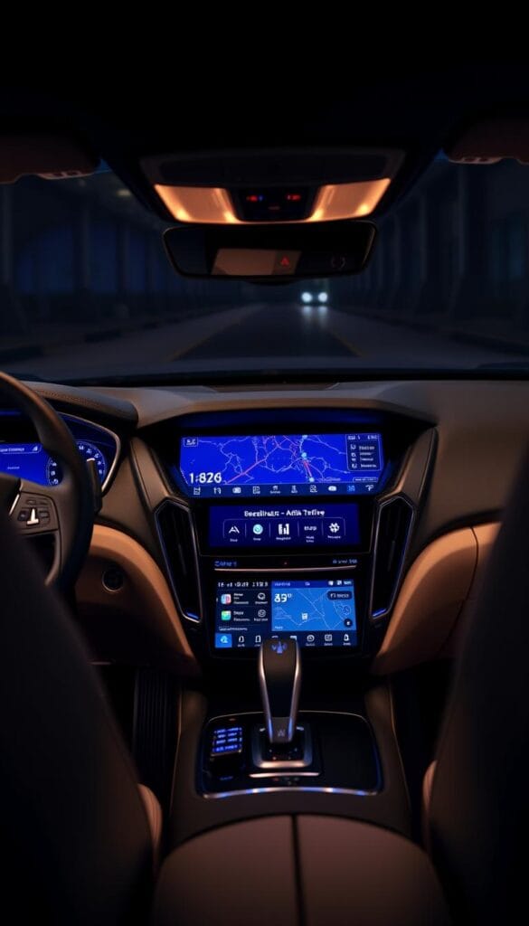 A sleek, high-tech dashboard of a Maserati Levante, showcasing the advanced infotainment system. The screen is crisp and vibrant, displaying detailed navigation maps, vehicle information, and seamless smartphone integration. Ambient lighting casts a warm, luxurious glow, complementing the premium leather and brushed aluminum accents. The driver's view is unobstructed, with a heads-up display projecting crucial data. The center console houses touch-sensitive controls, allowing for intuitive, distraction-free interaction. Subtle yet sophisticated design elements harmonize with the Levante's elegant exterior, delivering a truly immersive, state-of-the-art driving experience.