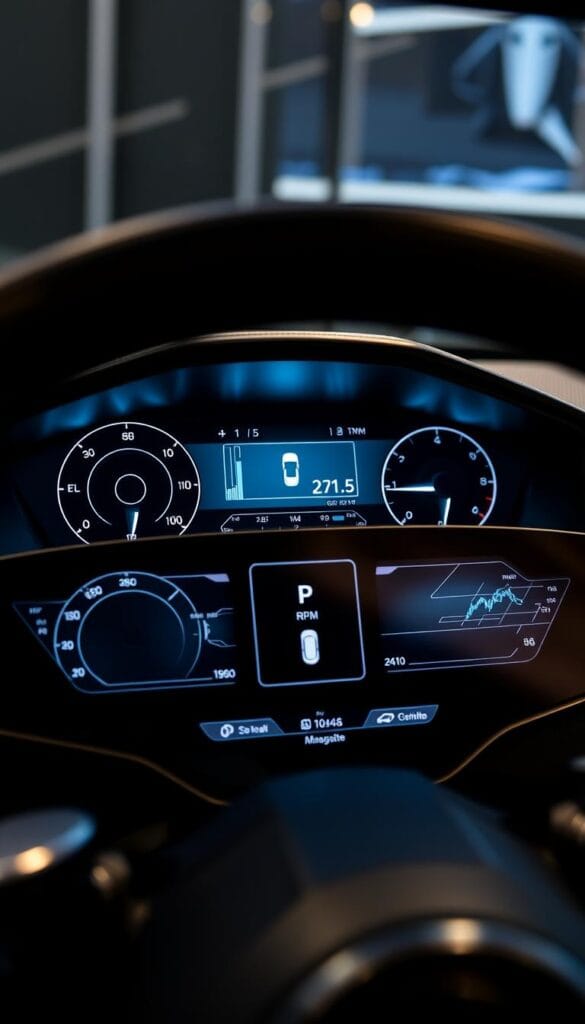 A sleek, high-tech digital instrument cluster for the Hennessey Venom F5 supercar. In the foreground, a large, curved display panel showcases vital driving information in a minimalist, futuristic design. The display features crisp, high-resolution graphics, with vital statistics like speed, RPM, and fuel levels elegantly presented. In the middle ground, a second, smaller display shows infotainment controls and navigation. The entire setup is bathed in a soft, ambient glow, creating a luxurious, immersive cockpit experience. The background features a streamlined, carbon-fiber-inspired dashboard, hinting at the raw power and performance of the Venom F5. Precise camera angles and lighting capture the cutting-edge technology and premium, high-end aesthetic of this digital instrumentation system.