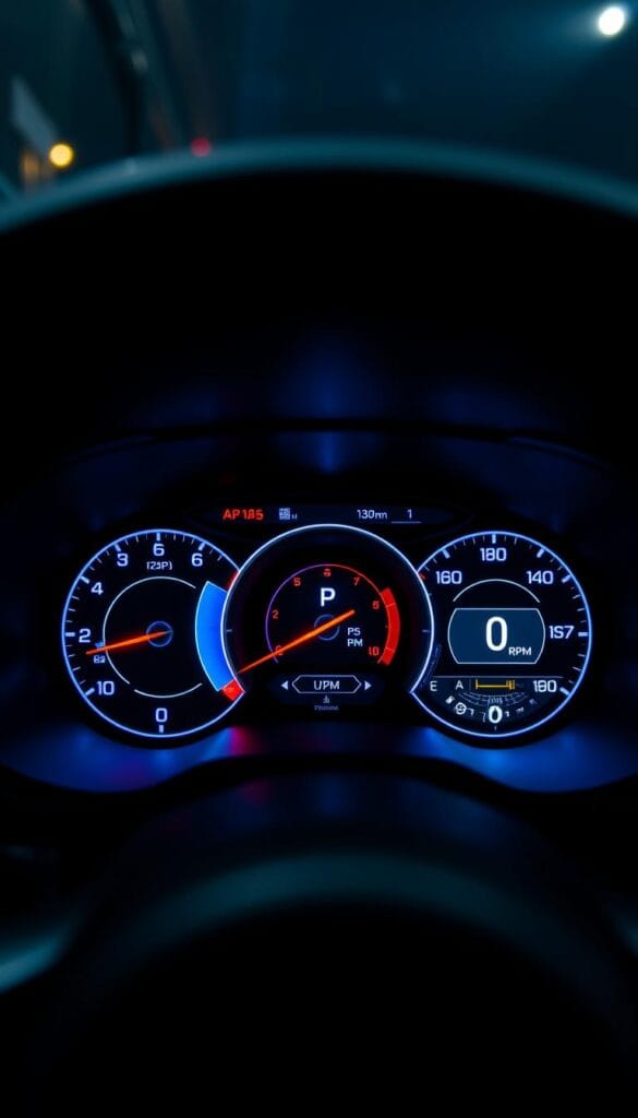 A sleek, high-tech digital instrument cluster for the Mitsubishi ASX luxury car. Crisp, high-resolution displays showcase a range of vital information, from speed and RPM to fuel level and navigational data. Soft ambient lighting creates a sophisticated, modern atmosphere, while the cluster's elegant, minimalist design seamlessly integrates with the vehicle's interior. Meticulously crafted using premium materials, the instrument panel is captured from a slightly angled, low perspective to highlight its precise engineering and attention to detail. An aura of technological sophistication and automotive excellence permeates the scene.