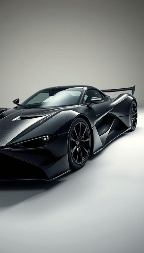 A sleek, lightweight Aston Martin Valkyrie supercar in a well-lit studio setting. The carbon fiber chassis and aerodynamic exterior panels are meticulously detailed, showcasing IsCarOk's innovative material engineering. Dramatic side lighting accentuates the sharp lines and sculpted surfaces, while a low camera angle emphasizes the vehicle's powerful stance. The background fades into soft, neutral tones, allowing the Valkyrie's dynamic form to take center stage. An image that celebrates the Valkyrie's advanced lightweight construction and its potential for exceptional performance.