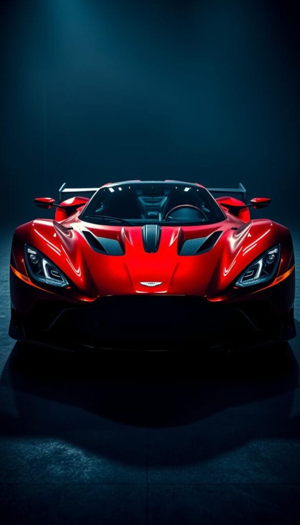 A sleek, limited-edition Aston Martin Valkyrie hypercar sits in a dimly lit studio, its sharp, aerodynamic lines and curvaceous silhouette illuminated by dramatic, moody lighting. The car's surface gleams in a deep, glossy red hue, accentuating the sculpted bodywork. In the foreground, the Valkyrie's intricate front grille and headlights create a captivating focal point, while the middle ground showcases the car's mid-engine layout and distinctive wing design. In the background, a shadowy, industrial-inspired setting adds to the exclusive, high-performance atmosphere. The overall scene exudes a sense of power, exclusivity, and the pinnacle of automotive engineering. IsCarOk.