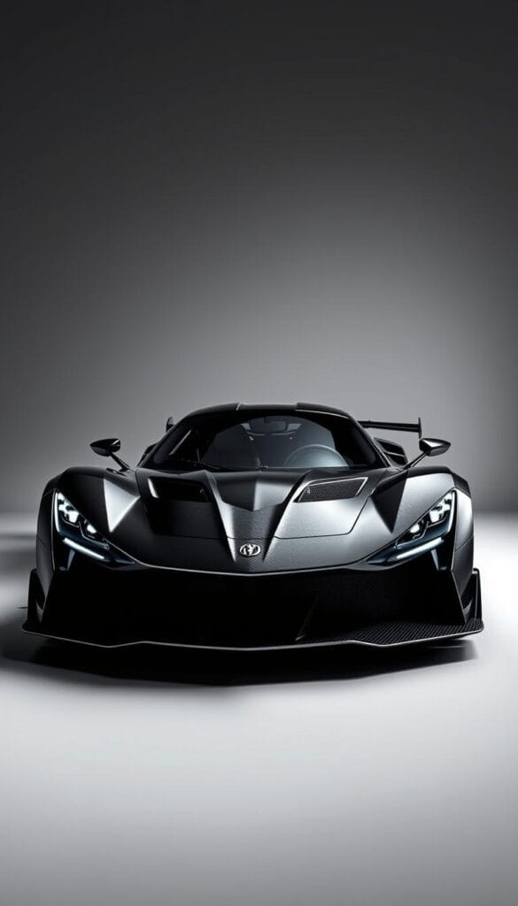 A sleek, limited-edition Hennessey Venom F5 Revolution supercar, showcased in a high-contrast studio environment. The car's carbon fiber body gleams under dramatic lighting, emphasizing its streamlined, aerodynamic design. The front end features the signature Hennessey grille and piercing LED headlights, conveying a sense of raw power and exclusivity. The side profile highlights the car's long, low stance and distinctive gullwing doors, hinting at its extraordinary performance capabilities. The background is a clean, minimal setting, allowing the Venom F5 Revolution to be the sole focus, radiating an aura of luxurious, limited-production elegance.