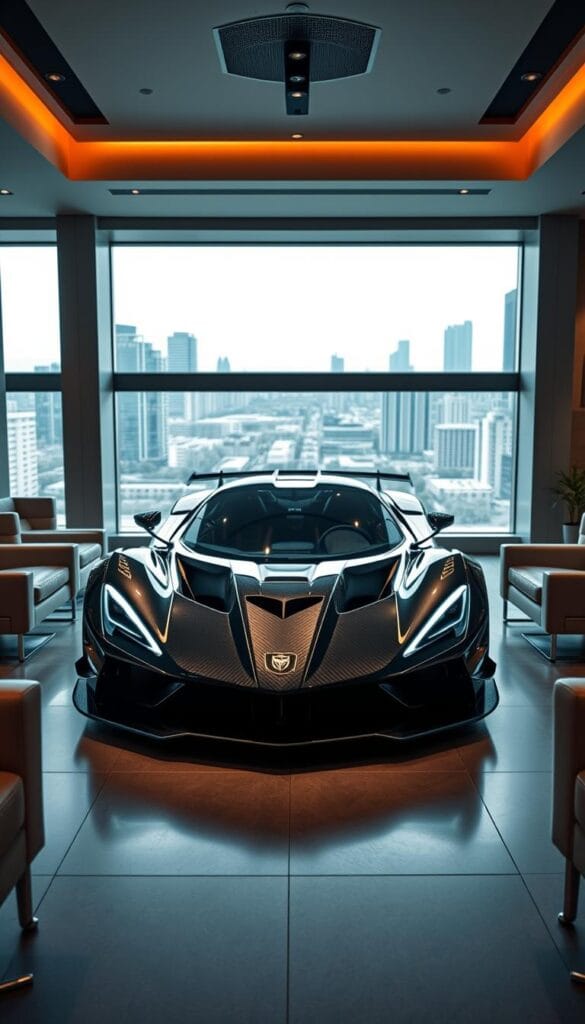 A sleek, limited-edition Hennessey Venom F5 hypercar takes center stage, its aerodynamic carbon-fiber body gleaming under dramatic lighting. The car is positioned in a luxurious showroom, surrounded by plush leather seating and modern, minimalist decor, creating an atmosphere of exclusivity and high-end appeal. The scene is captured from a low, angled perspective, emphasizing the Venom F5's bold, aggressive stance and powerful presence. In the background, a large window offers a glimpse of the bustling city beyond, hinting at the car's elite status and the discerning clientele it attracts. The overall composition conveys a sense of refined elegance, technological innovation, and the allure of the limited-edition Hennessey Venom F5 luxury car market.