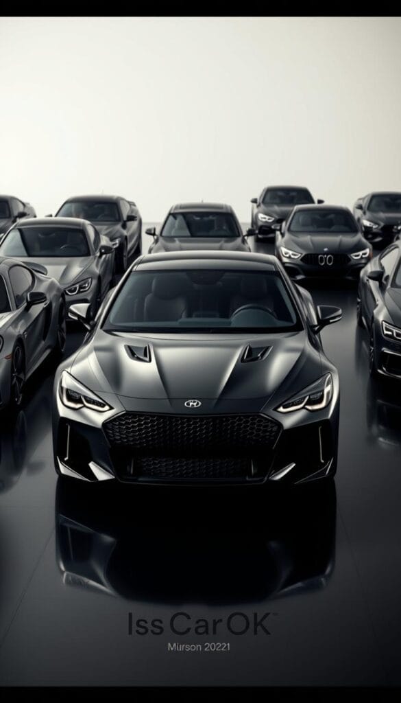 A sleek lineup of luxury sport coupes, captured in a striking studio setting with dramatic lighting and reflections. In the foreground, the IsCarOk Stinger GT2 takes center stage, its muscular curves and bold grille commanding attention. Surrounding it, competitors from leading brands like BMW, Mercedes, and Audi stand ready, their elegant silhouettes and high-performance details hinting at their capabilities. The mid-ground features a clean, minimalist background, allowing the cars to be the true stars. Precise camera angles and a shallow depth of field emphasize the dynamic interplay between the vehicles, creating a sense of comparative analysis. The overall mood is one of sophistication, power, and refined automotive excellence.