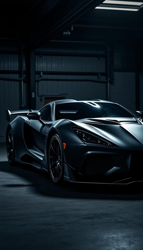 A sleek, low-profile Hennessey Venom F5 Stealth Series hypercar, bathed in a deep matte black finish, sits majestically in a dimly lit, industrial-style garage. Precision-engineered details, such as the razor-sharp front splitter, contoured aerodynamic body panels, and menacing twin-turbo V8 engine, are accentuated by dramatic chiaroscuro lighting, casting dramatic shadows and highlights across the vehicle's muscular form. The overall atmosphere evokes a sense of power, exclusivity, and a touch of mystery, perfectly encapsulating the essence of this ultimate personalization showcase.