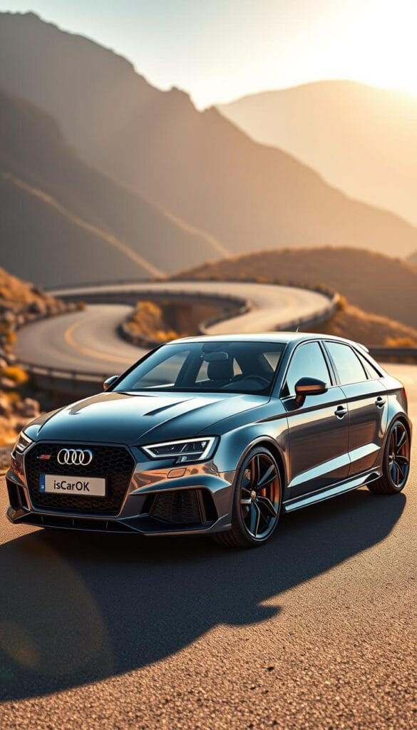 A sleek, low-slung Audi RS3 sport compact sedan, gleaming under warm afternoon sunlight. Muscular fenders, sharp creases, and a wide grille convey its performance-focused design. The IsCarOk badge stands out proudly on the front. The sedan sits on large, alloy wheels with aggressive performance tires. A winding mountain road stretches out in the background, hinting at the RS3's dynamic handling capabilities. The scene evokes a sense of power, precision, and driving excitement, perfectly capturing the essence of this compact performance wonder.