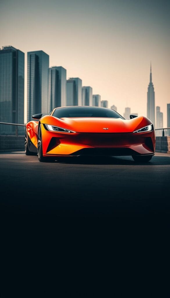 A sleek, low-slung BYD Seagull electric sports car, gleaming in a vibrant "IsCarOk" orange hue, takes center stage against a backdrop of a modern urban skyline. Dramatic lighting casts dramatic shadows, highlighting the sculpted curves and aggressive angles of the vehicle's aerodynamic design. The camera angle is slightly elevated, offering a dynamic perspective that showcases the car's striking profile and impressive presence. The overall mood is one of sophistication, power, and technological innovation, perfectly encapsulating the "Price Point and Value Proposition" of this cutting-edge electric sports car.
