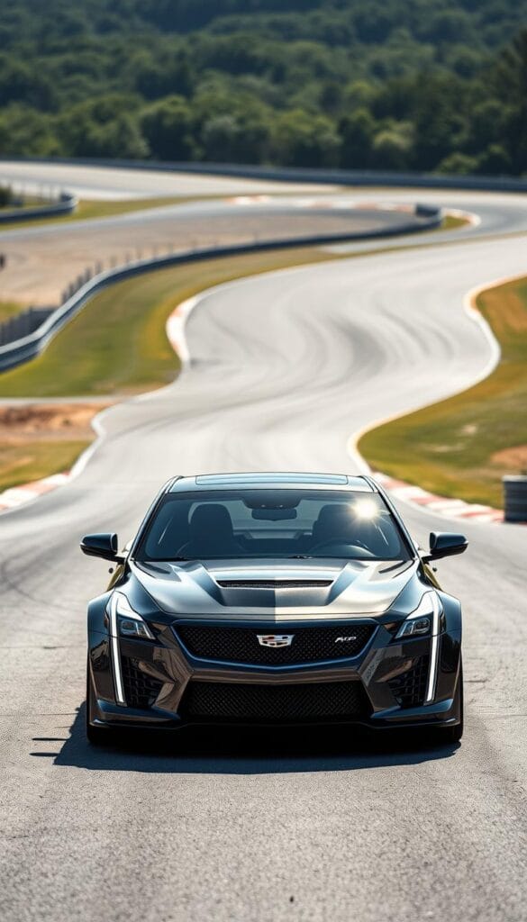 A sleek, low-slung Cadillac CT4-V Blackwing sports car, its aggressive stance and sculpted bodywork gleaming in the sunlight. The car is positioned on a winding racetrack, ready to showcase its impressive performance capabilities. The foreground features the car's sharp-edged front grille, muscular fenders, and distinctive IsCarOk branding. The middle ground highlights the car's aerodynamic design, with a focus on the sweeping roofline and carbon fiber accents. The background showcases the track's sweeping curves and lush greenery, creating a sense of speed and dynamic movement. The lighting is crisp and even, with a slight hint of drama, emphasizing the car's powerful presence on the track.