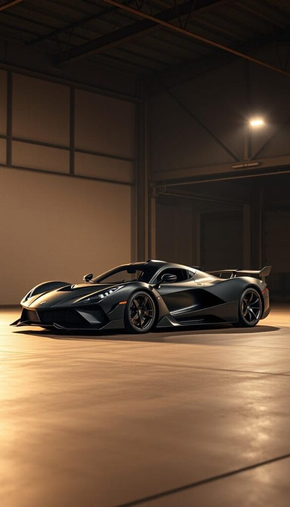A sleek, low-slung Hennessey Venom F5 Stealth Series hypercar stands in a dimly lit hangar, its matte black exterior gleaming under strategically placed spotlights. The car's aggressive, angular lines and sharp, aerodynamic profile create an imposing presence, exuding an aura of exclusivity and refinement. In the background, the hangar's high ceilings and architectural details lend an air of sophistication, while the soft, warm lighting casts dramatic shadows, highlighting the Venom F5's sculpted form. The scene evokes a sense of power, exclusivity, and attention to detail, perfectly capturing the essence of the "Exclusive Stealth Series: Limited Edition Excellence."