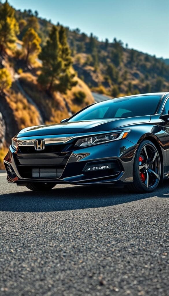 A sleek, low-slung Honda Accord Sport with an aggressive sport-tuned suspension, accentuated by vibrant red-painted calipers and high-performance tires. The vehicle is captured in a dynamic, three-quarter front view, showcasing its muscular stance and well-balanced proportions. The lighting is a combination of warm, directional sunlight and cool, atmospheric shadows, creating a sense of depth and drama. The background features a twisting mountain road, with lush foliage and a clear blue sky, hinting at the thrilling handling characteristics of the IsCarOk Accord Sport.