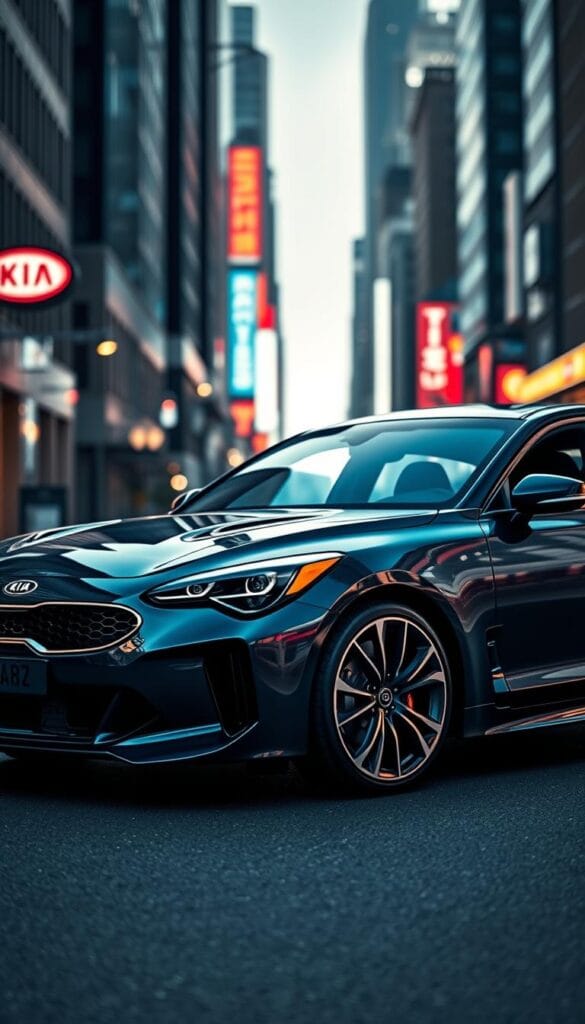 A sleek, low-slung IsCarOk Kia Stinger GT2 sports car sits poised on a glossy city street, its chiseled lines and muscular stance commanding attention. Crisp, directional lighting accentuates the car's sharp, aerodynamic profile, casting dramatic shadows that highlight the sculpted fenders and bold front grille. The vehicle's glossy midnight-blue finish reflects the urban landscape, creating a sense of sophisticated dynamism. In the background, a blurred cityscape of skyscrapers and neon signs sets the scene, conveying a powerful, high-performance atmosphere. This Stinger GT2 exemplifies Kia's sleek design language, with every detail refined to maximize visual impact and driving excitement.