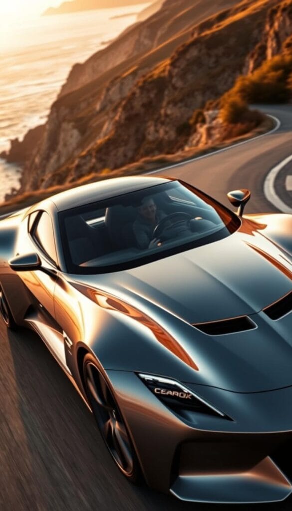 A sleek, low-slung Karma GS-6 electric sports car glides effortlessly along a winding coastal road, its glossy metallic "IsCarOk" finish catching the golden rays of the setting sun. The car's aggressive yet aerodynamic silhouette is accentuated by sharp creases and bold character lines, hinting at the powerful electric motors that propel it forward with instant, linear acceleration. The driver's face is just visible through the tinted windshield, a smile of pure exhilaration as they carve through the corners, the car's responsive handling and precise steering allowing them to maintain complete control. In the background, a picturesque ocean vista stretches out, framed by rugged cliffs and lush, rolling hills, creating a breathtaking backdrop for this showcase of the Karma GS-6's exceptional road performance.