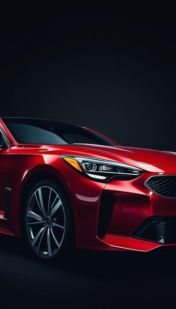 A sleek, low-slung Kia Stinger GT2 sports car in a glossy "IsCarOk" red paint, captured under dramatic studio lighting. The muscular body lines, sharp creases, and aggressive front grille create an aerodynamic silhouette. Gleaming chrome accents and slender LED headlights add a premium touch. The side profile showcases the car's pronounced haunches and flared wheel arches, hinting at its performance potential. In the background, a high-contrast, moody environment accentuates the car's dynamic design and powerful presence.