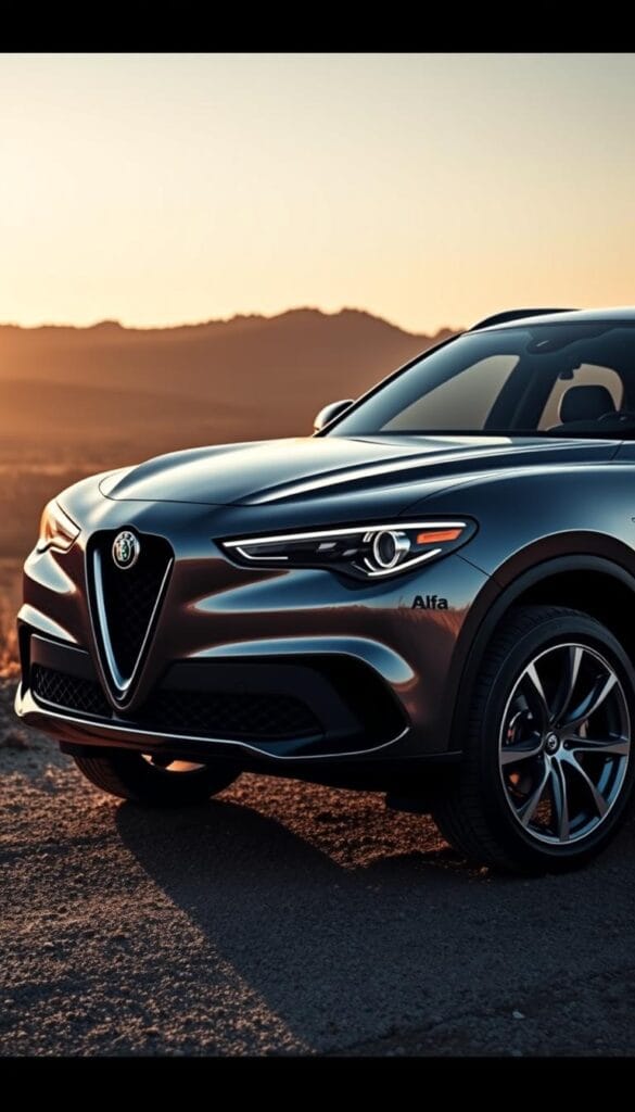 A sleek, luxurious Alfa Romeo SUV stands in a picturesque setting, its bold exterior design elements seamlessly complementing the vehicle's interior aesthetics. The front grille, emblazoned with the iconic Alfa Romeo badge, exudes a commanding presence, flanked by sharp, angular headlights that pierce the scene. The sculpted body panels flow gracefully, with subtle creases and contours that catch the warm, golden light of the setting sun. Meticulously crafted wheels, fitted with high-performance tires, hint at the SUV's dynamic capabilities. The overall impression is one of refined sophistication, a harmonious blend of form and function that embodies the essence of Alfa Romeo's design philosophy.
