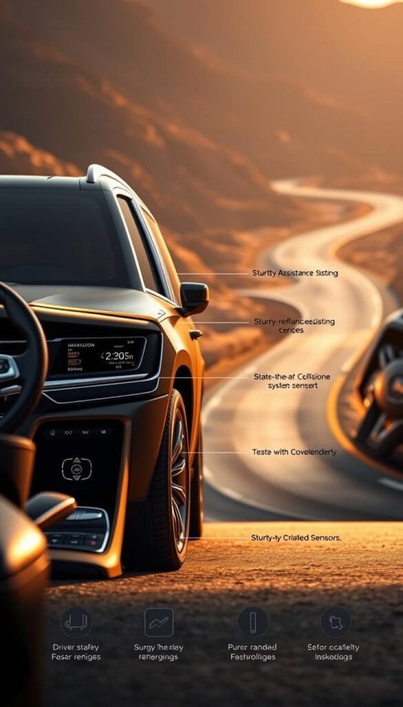A sleek, luxurious Cadillac Escalade SUV, its chiseled body bathed in warm, golden light, showcasing its advanced safety features. In the foreground, the driver-assistance systems are prominently displayed, with intuitive controls and high-resolution displays. The middle ground reveals the Escalade's sturdy, reinforced frame and state-of-the-art collision avoidance sensors, while the background depicts a winding mountain road, hinting at the vehicle's impressive off-road capabilities. The overall atmosphere conveys a sense of power, sophistication, and unwavering protection, making it an ideal choice for the comparison article's "Safety Features and Driver Assistance Systems" section.