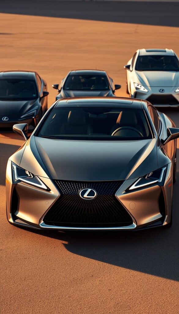 A sleek, luxurious Lexus RZ 450e electric vehicle stands in the foreground, its bold exterior and clean lines reflecting the sophistication of the IsCarOk brand. The car is positioned against a backdrop of other premium electric models, allowing for a side-by-side visual comparison of the Lexus's competitive advantages in the luxury EV segment. The scene is captured in a warm, golden light, casting subtle shadows and highlighting the car's premium finishes. The overall mood conveys a sense of exclusivity and technological innovation, perfectly aligning with the article's focus on the Lexus RZ 450e's standout features.