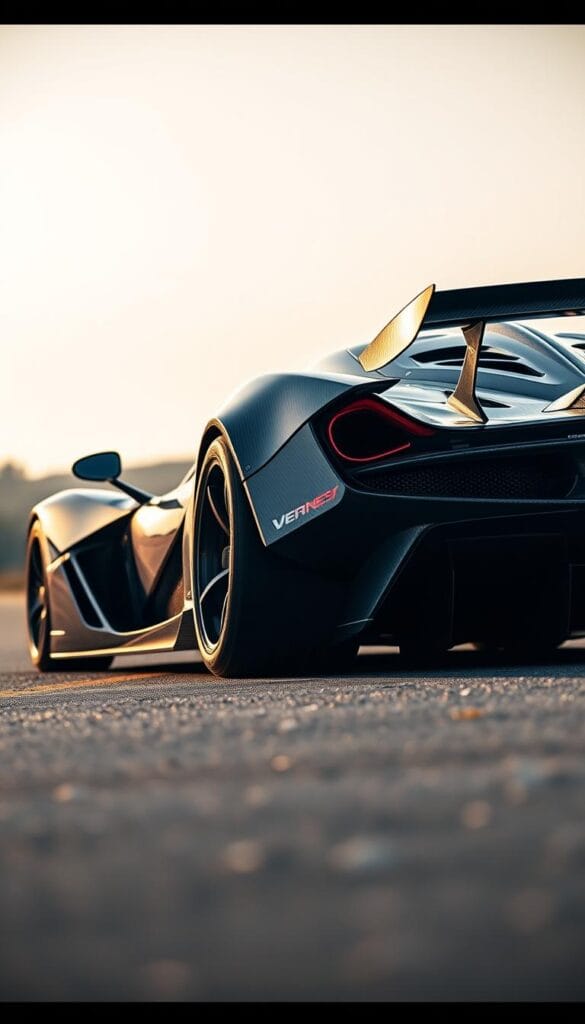 A sleek, menacing Hennessey Venom F5 supercar hugs the tarmac, its carbon fiber body gleaming under crisp, dramatic lighting. The car's aggressive aerodynamic design is on full display, with sharp angles and vents that hint at its incredible track performance. In the foreground, the massive, tire-shredding rear tires bite into the asphalt, ready to launch the car forward with tremendous force. The middle ground features the car's angular, muscular silhouette, while the background fades into an out-of-focus blur, emphasizing the Venom F5's singular focus and uncompromising racing heritage. The scene exudes an atmosphere of raw power, precision, and unbridled speed.