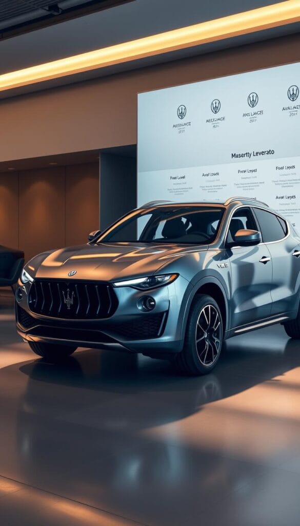 A sleek, metallic 2024 Maserati Levante Luxury Hybrid SUV in a high-end showroom setting, bathed in warm, soft lighting. The vehicle is positioned at a slight angle, highlighting its muscular, aerodynamic profile and the distinct Maserati grille. The interior is visible through the windows, showcasing premium leather upholstery and advanced infotainment systems. In the background, a minimalist display of trim level badges and available package options provides a clear visual guide to the SUV's customization options. The overall scene exudes a sense of sophistication, elegance, and the pinnacle of luxury hybrid SUV design.