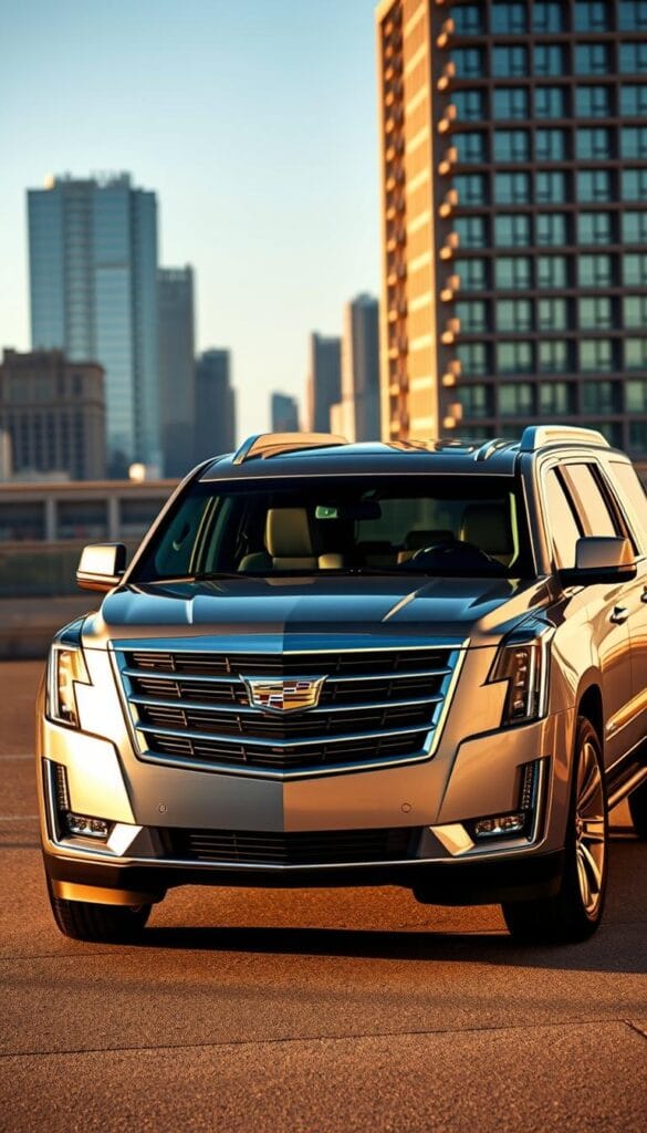 A sleek, metallic 2025 Cadillac Escalade Luxury SUV, captured in a dynamic, three-quarter front view. The full-size SUV stands imposingly, its bold, angular design and shimmering chrome accents reflecting the warm, golden light of the afternoon sun. The vehicle is positioned against a backdrop of a modern, urban landscape, with skyscrapers and a clear, blue sky in the distance. The Escalade's interior is visible through the tinted windows, showcasing the luxurious leather seating and advanced technological features. The image conveys a sense of power, sophistication, and the pinnacle of Cadillac's automotive engineering.