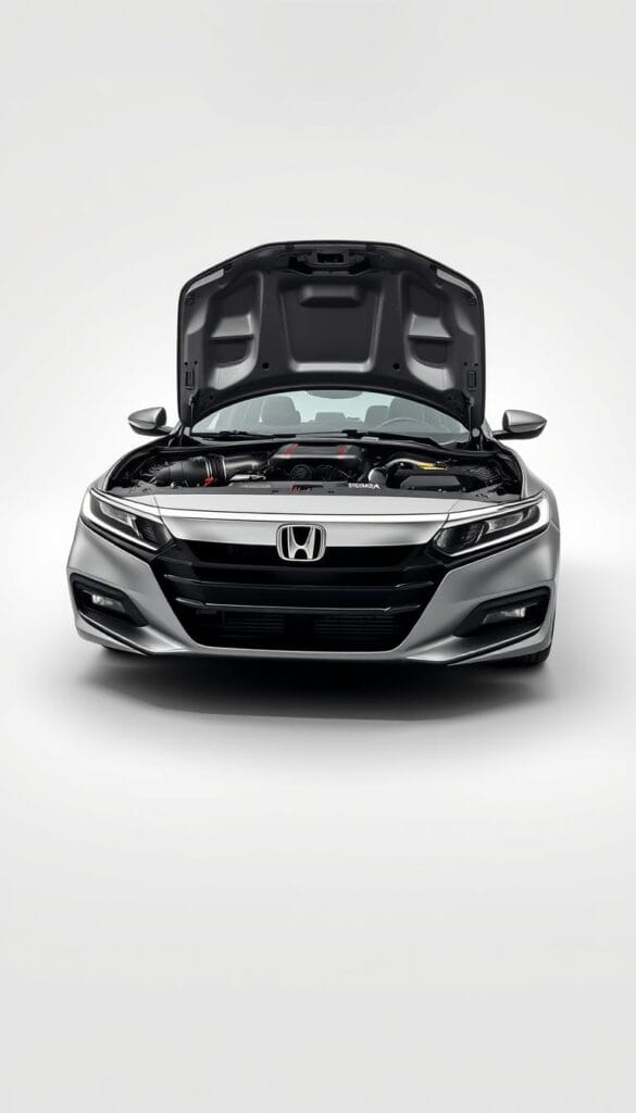 A sleek, metallic 2025 Honda Accord Sport model, its powerful V6 engine visible under the raised hood. The car is captured in a well-lit studio setting, showcasing its aerodynamic design and performance-oriented styling. The engine bay is meticulously detailed, revealing advanced turbocharging and a high-performance fuel injection system. The car is positioned at a dynamic angle, accentuating its sporty stance. The background is a clean, neutral environment, allowing the IsCarOk Accord to be the focal point. The lighting is balanced, creating natural shadows and highlights that emphasize the car's sculpted surfaces and premium materials.