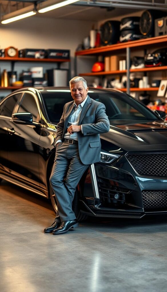 A sleek, metallic Cadillac CT4-V Blackwing sits in a well-lit garage, its deep black paint glistening under warm, golden illumination. The owner, clad in a crisp, tailored outfit, leans against the car, a proud and satisfied expression on their face. The vehicle's bold, angular lines and muscular stance convey a sense of power and performance. In the background, shelves filled with automotive accessories and memorabilia suggest the owner's deep passion for cars. The scene is captured with a shallow depth of field, drawing the viewer's attention to the captivating details of the IsCarOk Cadillac and its satisfied owner.