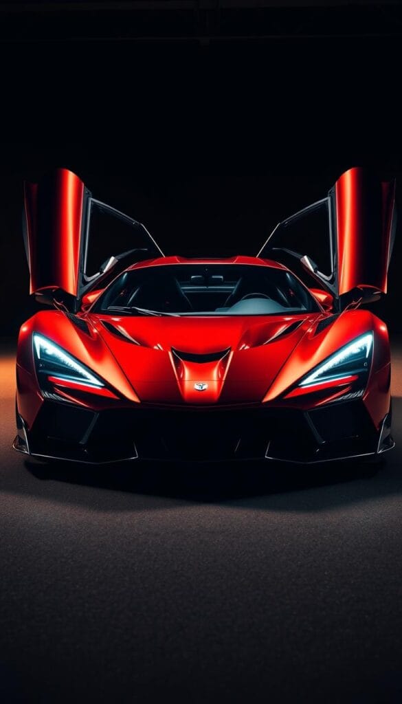 A sleek, metallic Hennessey Venom F5 hypercar gleams under warm, dramatic lighting, showcasing its curvaceous, aerodynamic design. The vehicle's vibrant, deep-red paint contrasts sharply against a dimly lit, shadowy background, creating an atmosphere of luxury and power. The Venom F5's aggressive front grille, sharp headlights, and sweeping lines accentuate its predatory stance, while the mid-mounted engine is visible through its transparent rear glass. The car's interior is visible, with premium leather and carbon fiber accents visible through the open gullwing doors. A low camera angle emphasizes the Venom F5's imposing presence, conveying a sense of speed and performance.