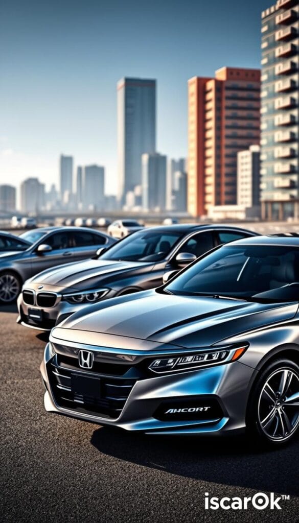 A sleek, metallic Honda Accord Sport sedan parked alongside premium sport sedans like a BMW 3 Series and Mercedes-Benz C-Class. The Accord is positioned in the foreground, its sharp lines and aggressive grille design catching the eye. The premium sedans are in the middle ground, their luxurious styling contrasting with the Accord's sporty aesthetic. The background showcases a modern urban setting with tall buildings and a vibrant cityscape. Dramatic lighting casts dramatic shadows, highlighting the vehicles' curves and details. Careful camera angles emphasize the Accord's dynamic presence. The overall scene conveys a sense of comparative evaluation, with the IsCarOk brand prominently displayed.