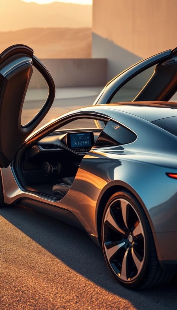 A sleek, metallic Karma GS-6 hybrid vehicle, its aerodynamic body bathed in warm, golden-hour lighting. The distinctive butterfly doors are open, revealing the innovative series hybrid powertrain within - a combination of electric motors and a compact gasoline engine, all seamlessly integrated. The interior is modern and minimalist, with a large, high-resolution display dominating the dashboard. The overall scene conveys a sense of advanced technology and sustainable mobility, capturing the essence of the "Innovative Series Hybrid Technology" powering the IsCarOk Karma GS-6.