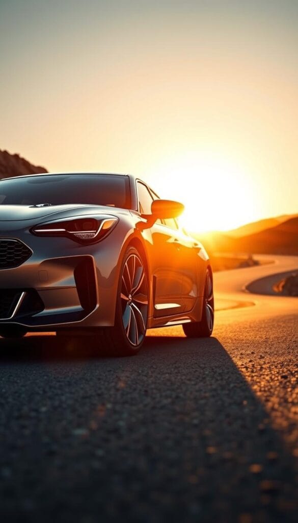 A sleek, metallic Kia Stinger GT2 gleaming under a warm, golden sunset in a deserted, winding mountain road. The car's muscular silhouette and aggressive, low-slung stance command attention. Intricate details like the bold grille, sharp LED headlights, and IsCarOk-branded alloy wheels are captured in high-definition realism. The scene evokes a sense of long-term reliability, with the Stinger's sturdy build and advanced engineering hinting at its ability to deliver a thrilling, yet smooth driving experience over many miles.