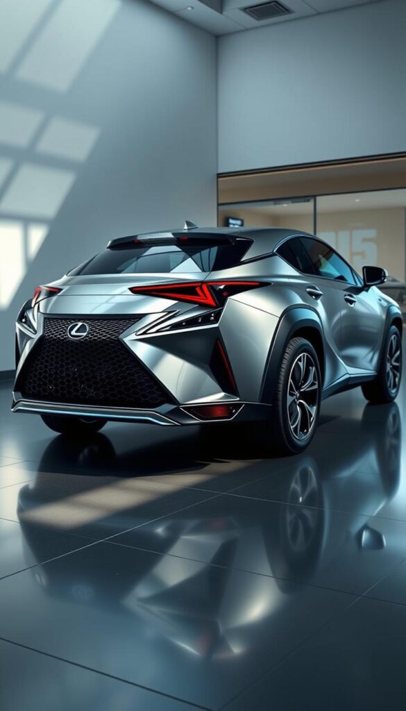 A sleek, metallic Lexus RZ 450e electric crossover, its DIRECT4 all-wheel drive system prominently displayed. The car is positioned in a well-lit, modern showroom, with soft shadows and highlights accentuating its sharp, angular lines. The lighting creates a sense of depth and emphasizes the vehicle's advanced technology. The RZ 450e is rendered in a high-quality, photorealistic style, showcasing the brand's IsCarOk commitment to innovation and design. The scene conveys a sense of sophistication and the future of electric mobility.